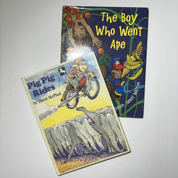 Set Of 2 Childrens Story Books Hardcover Pig Pig Rides and The Boy Who Went Ape - Picture 1 of 11